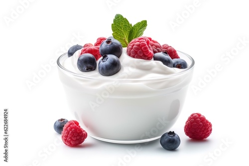 yogurt with berries on white background photo