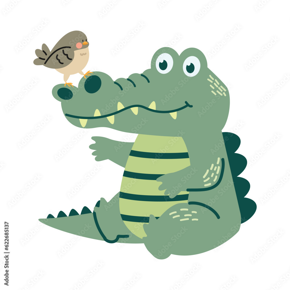Fototapeta premium Cute crocodile or alligator and birds