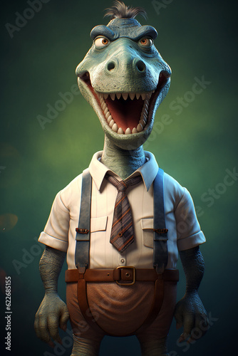 Portrait of a humanlike dinosaur wearing business clothes