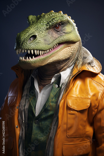 Portrait of a humanlike dinosaur wearing clothes