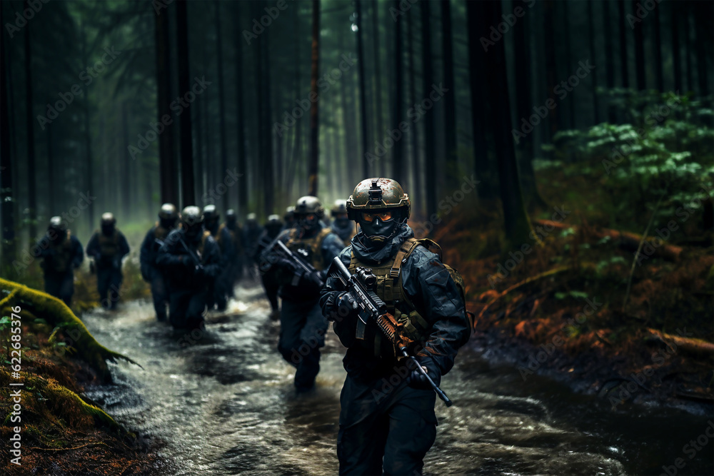 Modern warfare soldiers moving forward in the forest. Generative AI