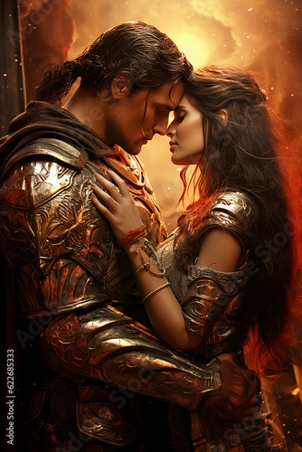 Hero warrior is kissing his princess. Wallpaper, background for romance fantasy stories or books. 