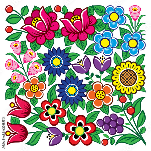 Zalipie folk art Polish vector greeting card  design  with flowers   pattern with flowers in square  
