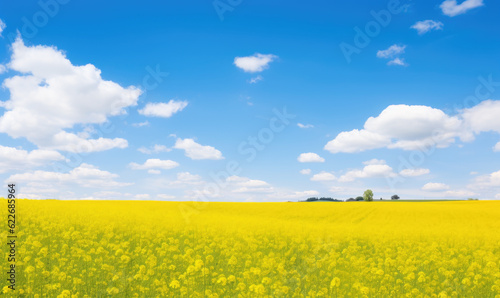 Beneath a blue sky, the sun illuminates a meadow adorned with vibrant yellow flowers, creating a picturesque scene of natural beauty