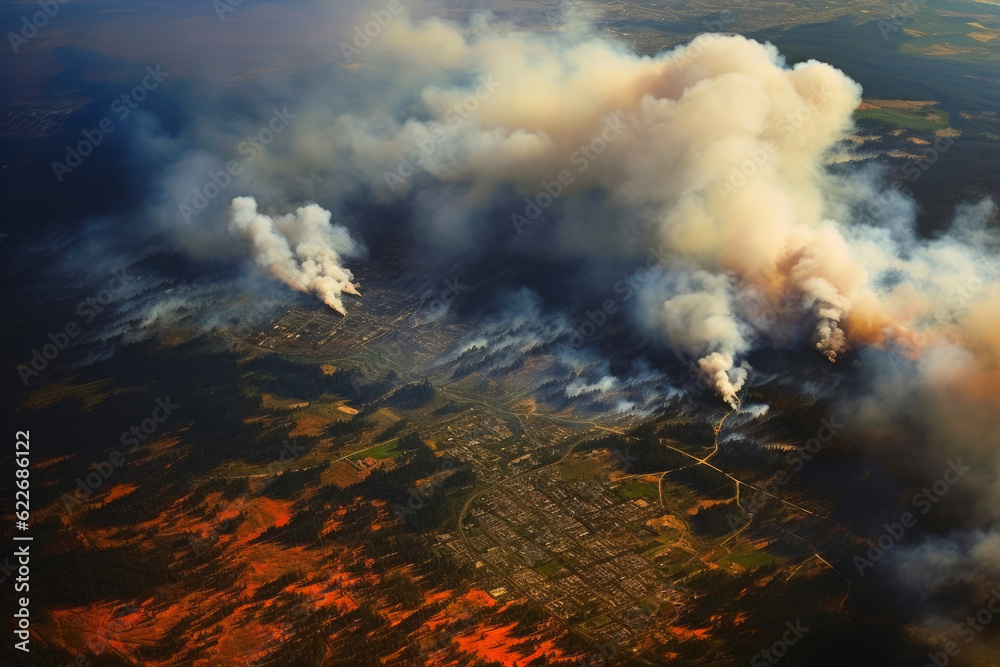 High-Altitude View of Rampaging Forest Fires. Generative AI