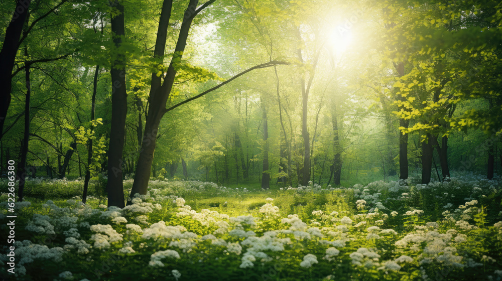Obraz premium In the forest, under the shade of majestic trees, wild flowers embrace the sun's rays, accompanied by a magical lens flare