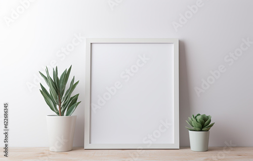 Isolated on a pure white background, an empty white photo frame stands alongside two potted green plants, creating a minimalist and tranquil composition