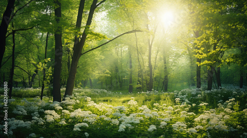 In the forest  under the shade of majestic trees  wild flowers embrace the sun s rays  accompanied by a magical lens flare