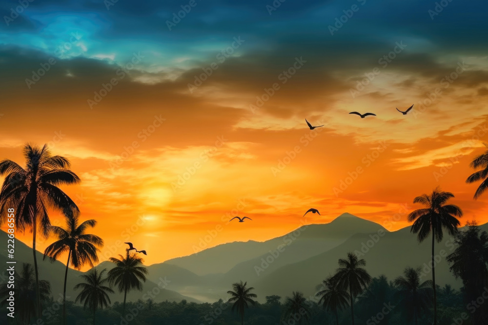 Serene Sunset: Majestic Mountains and Silhouetted Palms. Generative AI