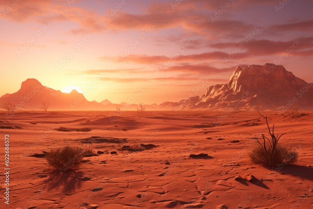 A desert landscape at sunset