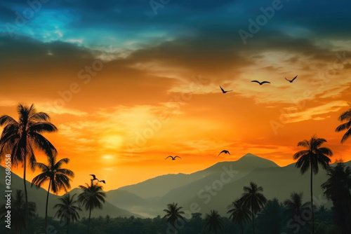 Serene Sunset  Majestic Mountains and Silhouetted Palms. Generative AI