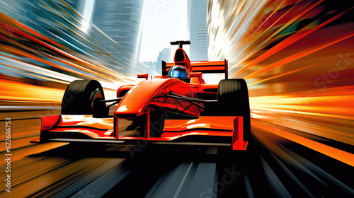 Sleek F1 Race Car Blurring through Urban Chaos. Generative AI