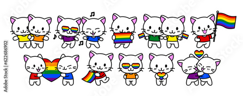 Vector Cartoon Group of Pride Kitties Set Isolated
