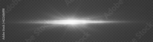 White horizontal lens flares, laser beams. Luminous abstract sparkling lines. Silver glowing star light explodes.