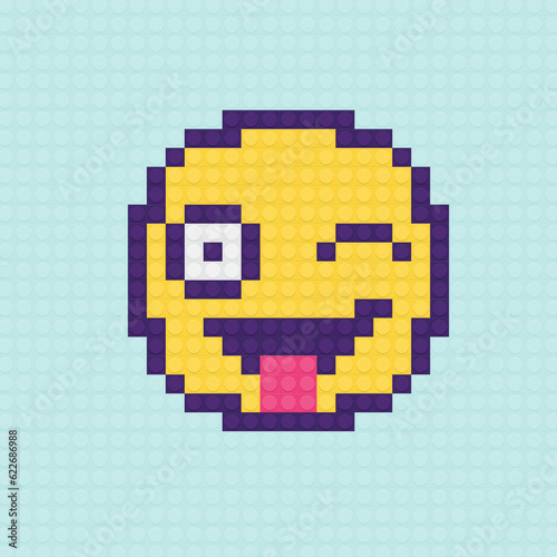 top view of a cute happy face emoji made out of construction bricks. Editable vector file