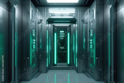 Futuristic Elevator Interior with Sleek Metal Doors and High-Tech Touch Screen. Generative AI