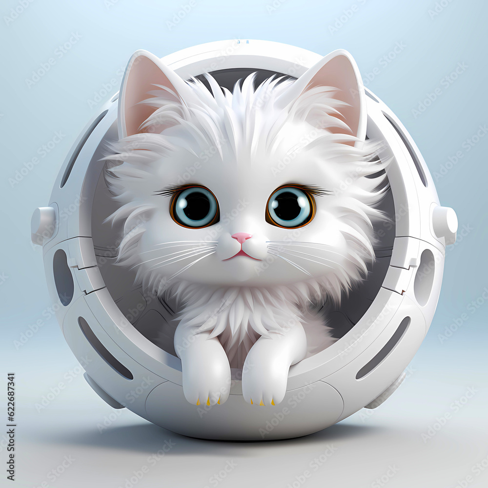 White kitten is sitting in a white spherical space capsule