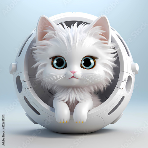 Obraz na płótnie White kitten is sitting in a white spherical space capsule w salonie