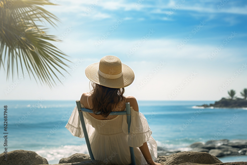 Woman in hat on beautiful beach. Summer vacation. AI generated