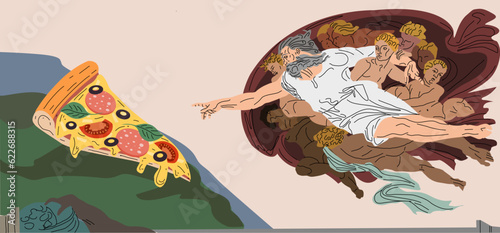 Adam. Painting reproduction. God made pizza. pizzeria. Divine food. Fast food advertisement. Print on clothes. Vector illustration. It's delicious to cook. Cheese stretches on pizza