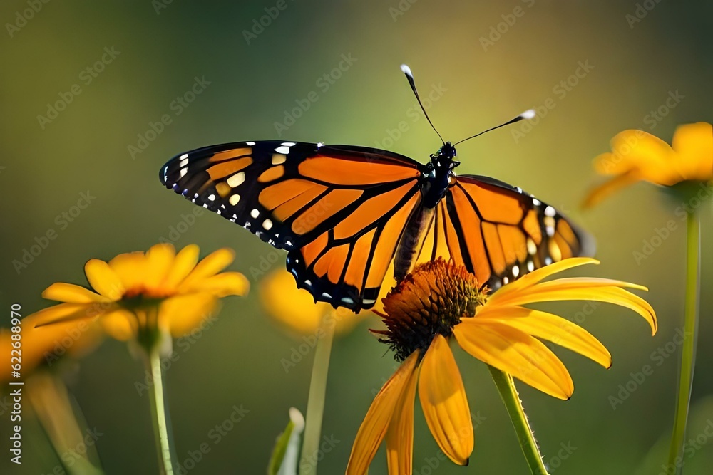 Naklejka premium butterfly on flower, a close up shot - Generative AI