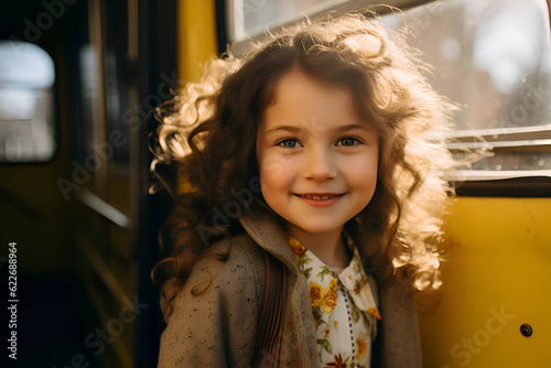 Curly girl with a backpack near the school bus, Back to School, Generative AI
