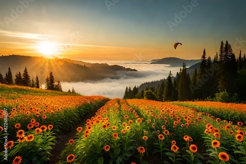 Beautiful flowers field at sunset with mountains in the back - Generative AI