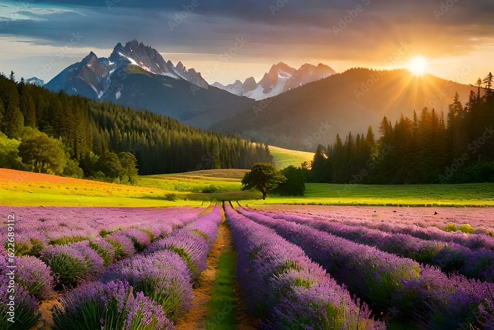 lavender field in the mountains - Generative AI lavender field in the mountains - Generative AI