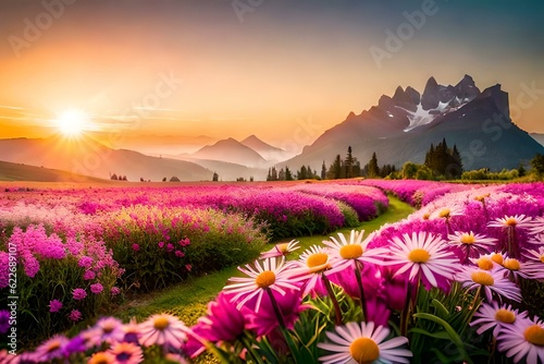 Beautiful lavender field at sunset with mountains in the back , beautiful wallpapers, textures and backgrounds - Generative AI
