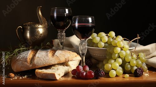 Supper, bread, wine and grape on the table