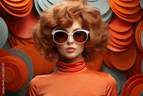 Jeune femme des années 70 avec lunette, motif illustration. Fond créatif d'été rétro des années 70, IA générative, Générative, IA  photo