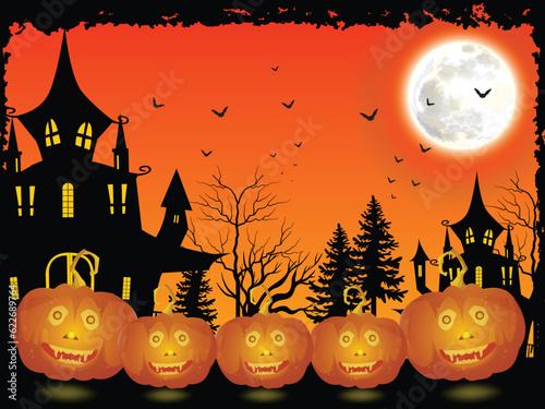 Halloween night celebration design with ghost house and pumpkins vector illustration