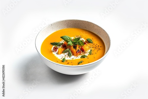 bowl of vegetable soup on white background