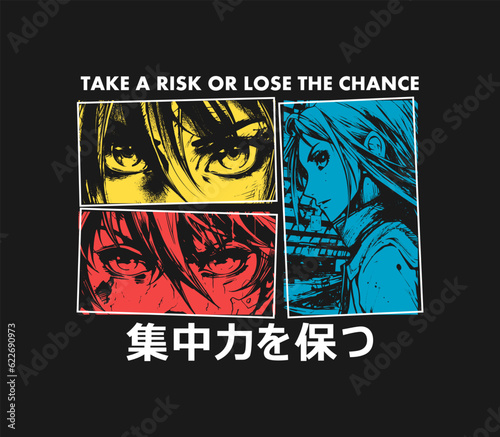 Japanese t-shirt design with manga characters, eyes in color frames and slogan. Tee shirt print with slogan in Japanese, translation: stay focused. Anime style apparel and t shirt graphics. Vector.