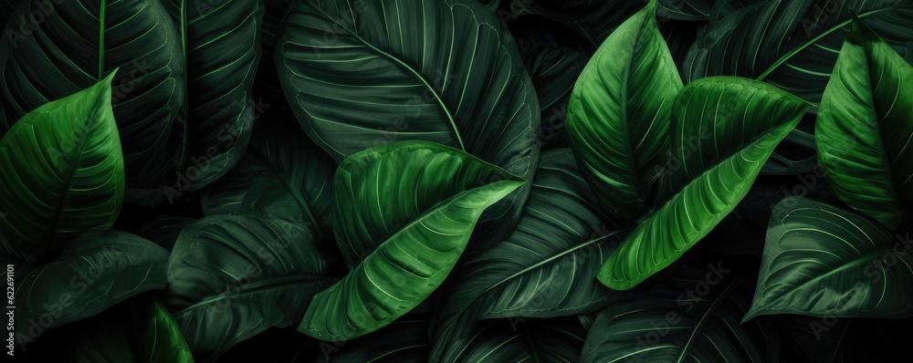 Abstract green leaf texture, nature background, tropical panorama. Generative Ai.