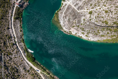 Aerial view of Rio Jucar, a river crossing the canyon near Alarcon in Cuenca, Spain. photo
