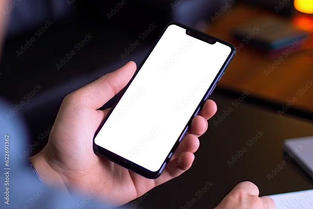 A person is holding a mobile phone with a plain white screen for mockup, business and communication through the mobile phone A person is holding a mobile phone with a plain white screen for mockup, business and communication through the mobile phone