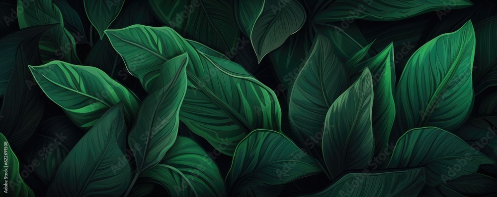 Abstract green leaf texture, nature background, tropical panorama. Generative Ai.