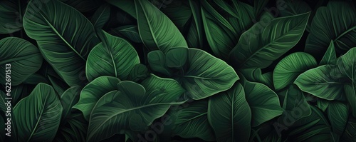 Abstract green leaf texture, nature background, tropical panorama. Generative Ai.