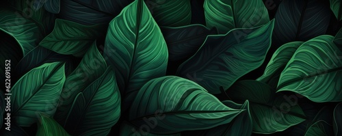 Abstract green leaf texture  nature background  tropical panorama. Generative Ai.