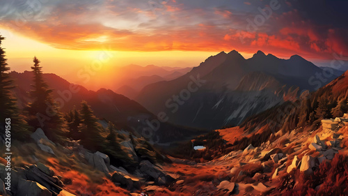 Autumn mountain landscape with sunset. Generative ai design.