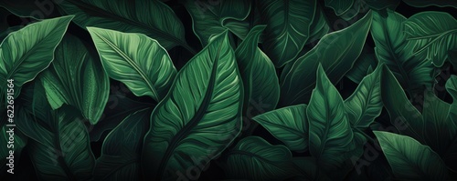 Abstract green leaf texture, nature background, tropical panorama. Generative Ai.