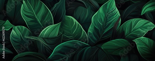 Abstract green leaf texture, nature background, tropical panorama. Generative Ai.