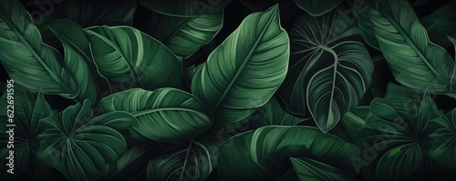 Abstract green leaf texture, nature background, tropical panorama. Generative Ai.
