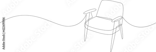 Continuous one line drawing of chair in Scandinavian style. Furniture for living room or hotel concept drawn by single line. Doodle vector illustration.