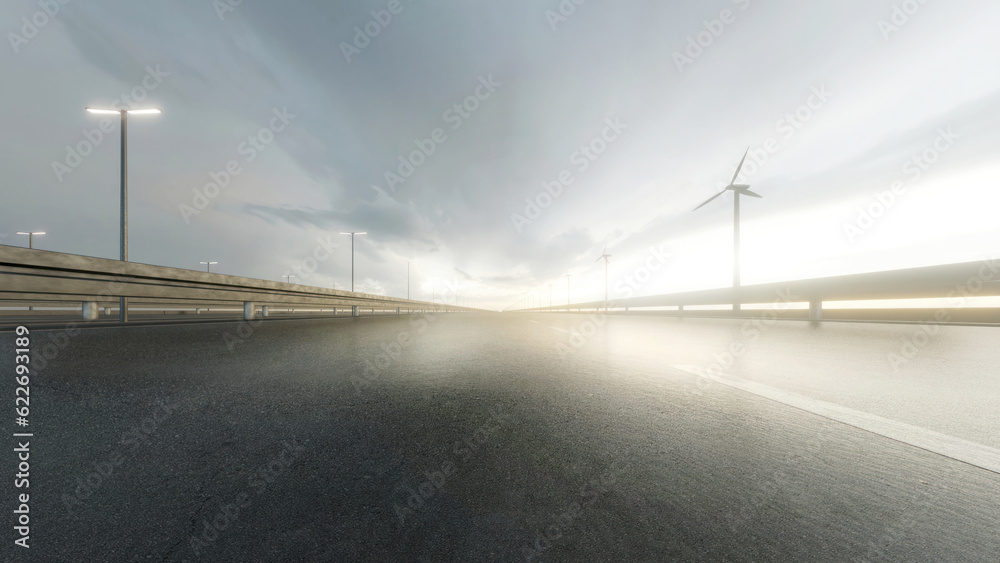 View of traffic on the highway with empty asphalt road and wind turbines, 3d rendering.