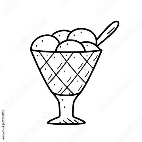 Ice cream in creamers and baskets doodle style. Vector illustration of summer refreshing dessert. Icon for the cafe restaurant menu. Single sketch isolate on white.