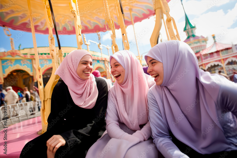 A group of young muslim women wearing headscarves having fun together at the fair