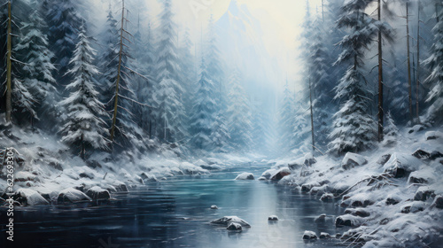 Wyoming winter illustration of river passing through forest.