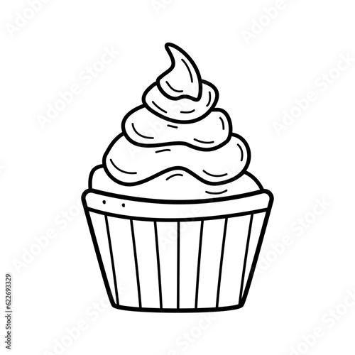 Ice cream in creamers and baskets doodle style. Vector illustration of summer refreshing dessert. Icon for the cafe restaurant menu. Single sketch isolate on white.